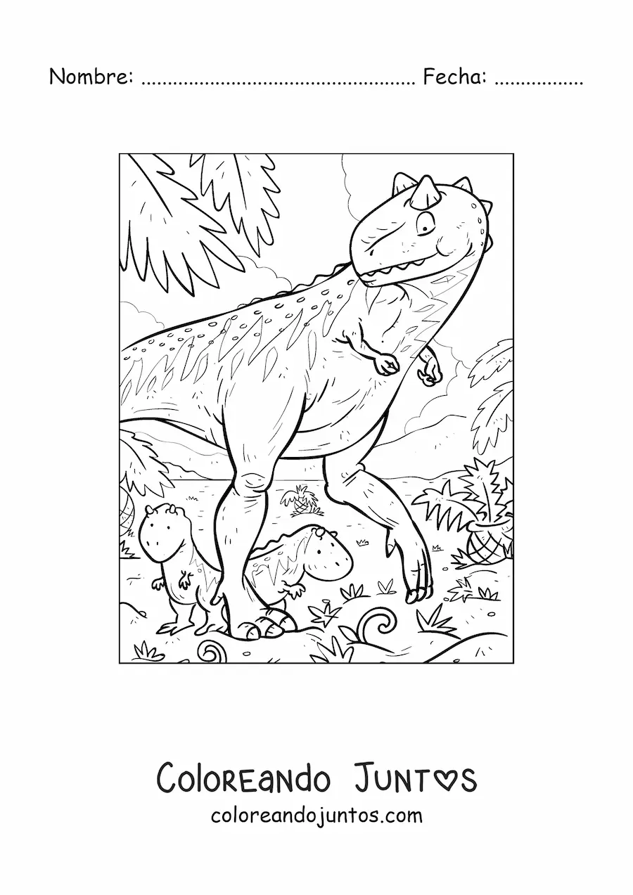 Imagen para colorear de dinosaurios bebés realistas con su mamá
