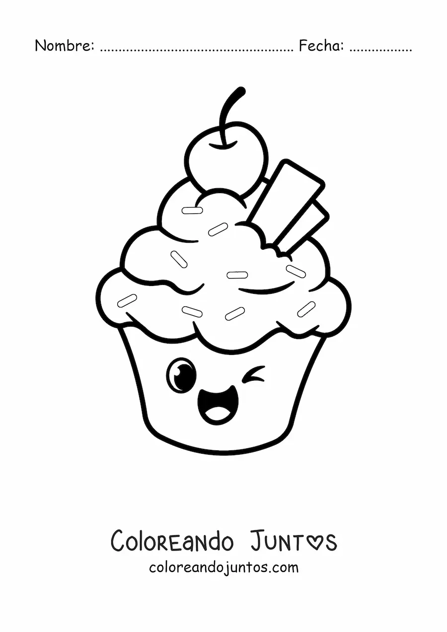 Imagen para colorear de un cupcake animado con una cereza