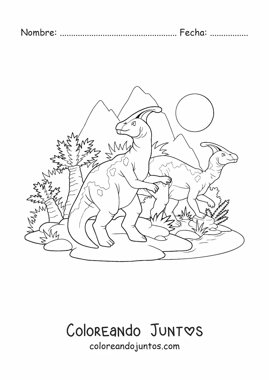 Imagen para colorear de dinosaurios herbívoros juntos en su hábitat