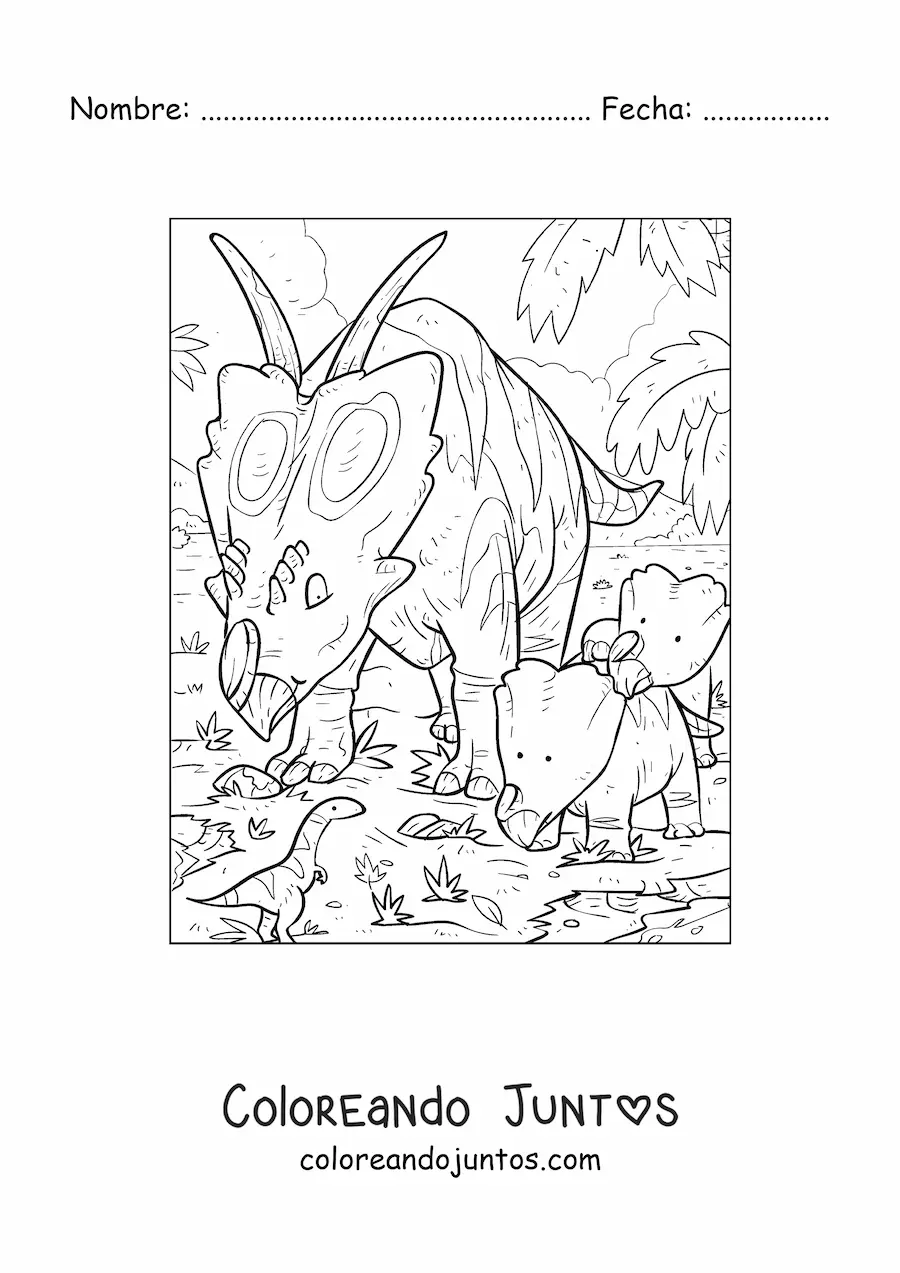 Imagen para colorear de pachyrhinosaurus herbívoro animado con sus crías