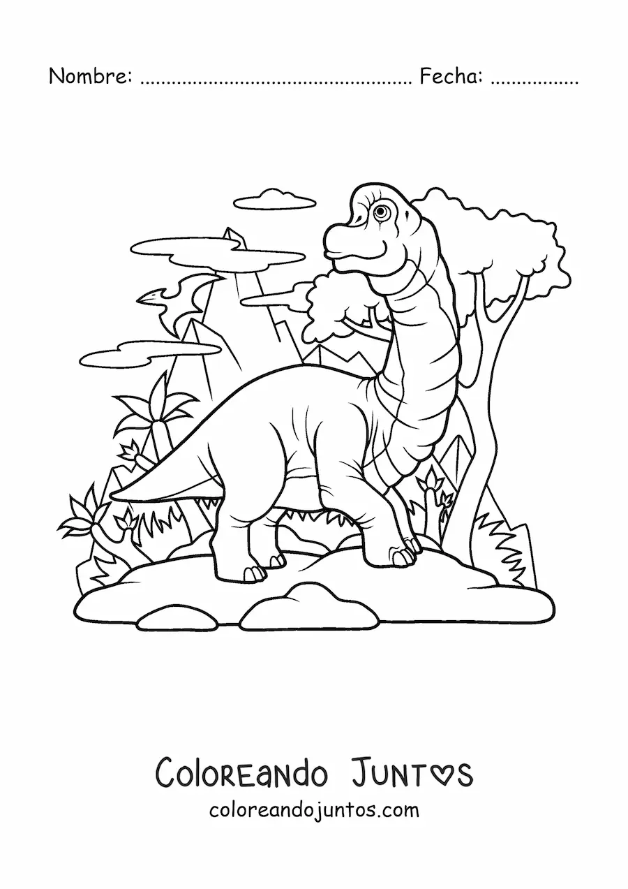 Imagen para colorear de brachiosaurus herbívoro animado en su hábitat