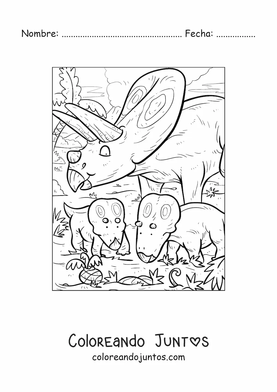 Imagen para colorear de torosaurus herbívoro animado con sus crías
