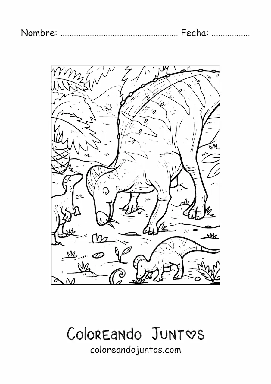 Imagen para colorear de dinosaurio herbívoro con sus bebés