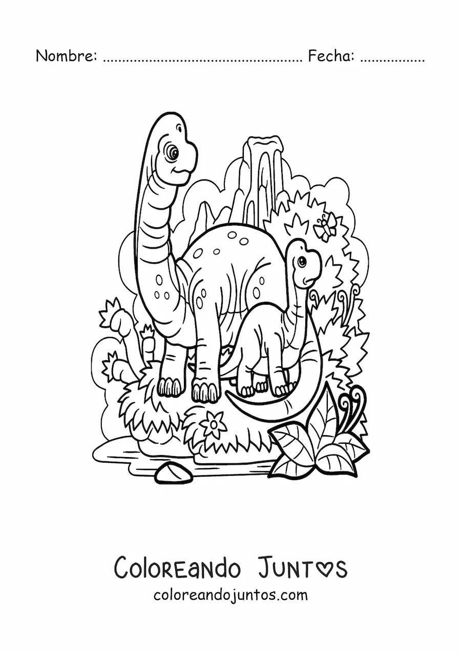 Imagen para colorear de dinosaurio de cuello largo bebé con su mamá
