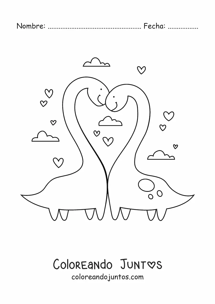 Imagen para colorear de dinosaurios de cuello largo tiernos enamorados