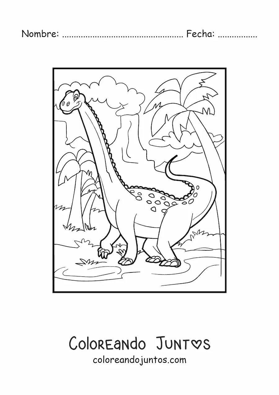 Imagen para colorear de dinosaurio brontosaurio en su hábitat
