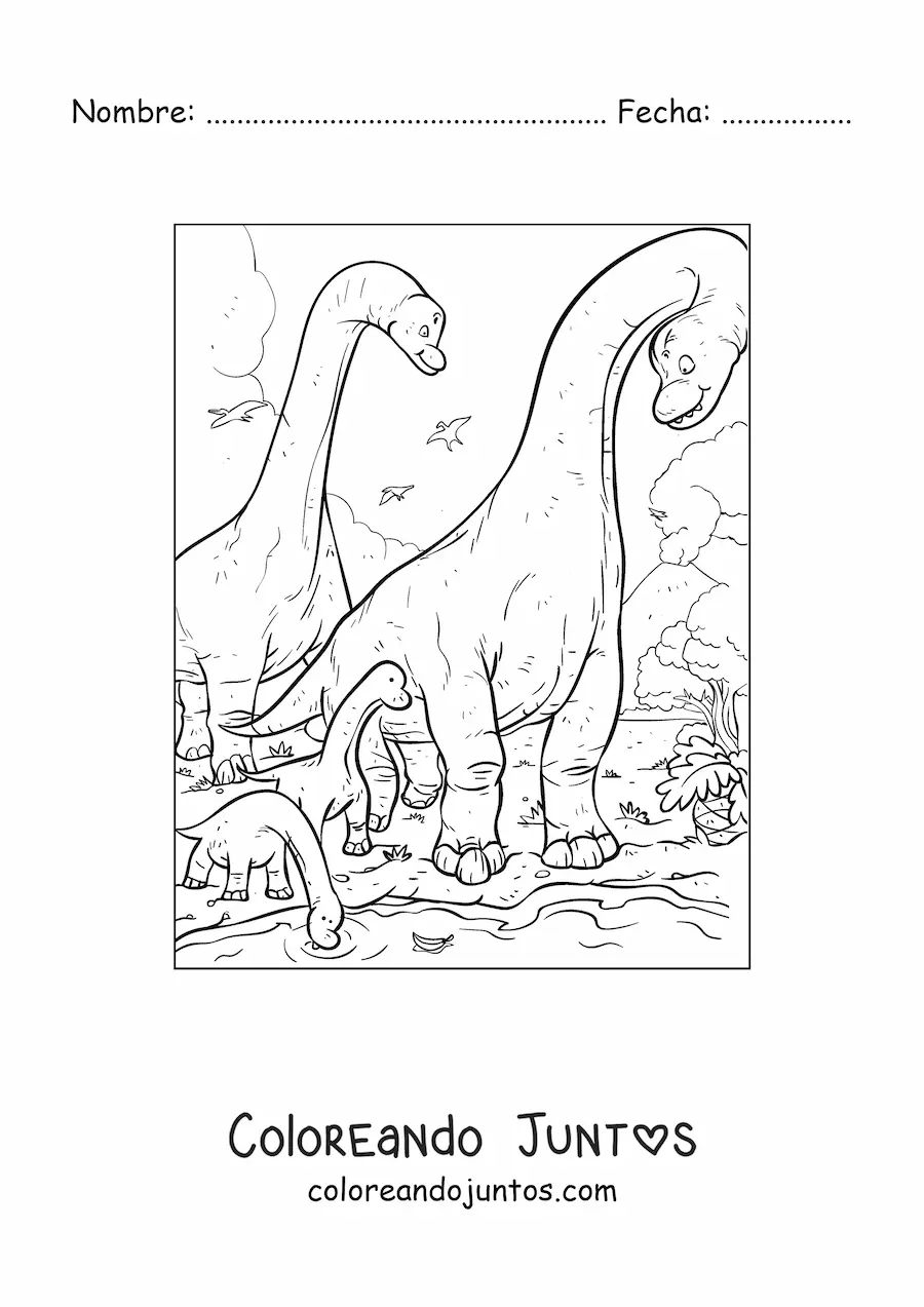 Imagen para colorear de dinosaurios de cuello largo con sus bebés en su hábitat