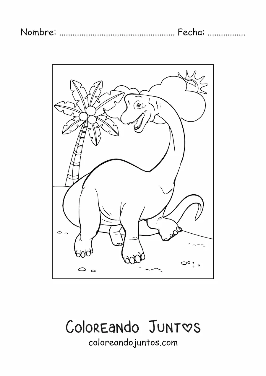 Imagen para colorear de dinosaurio de cuello largo herbívoro animado caminando