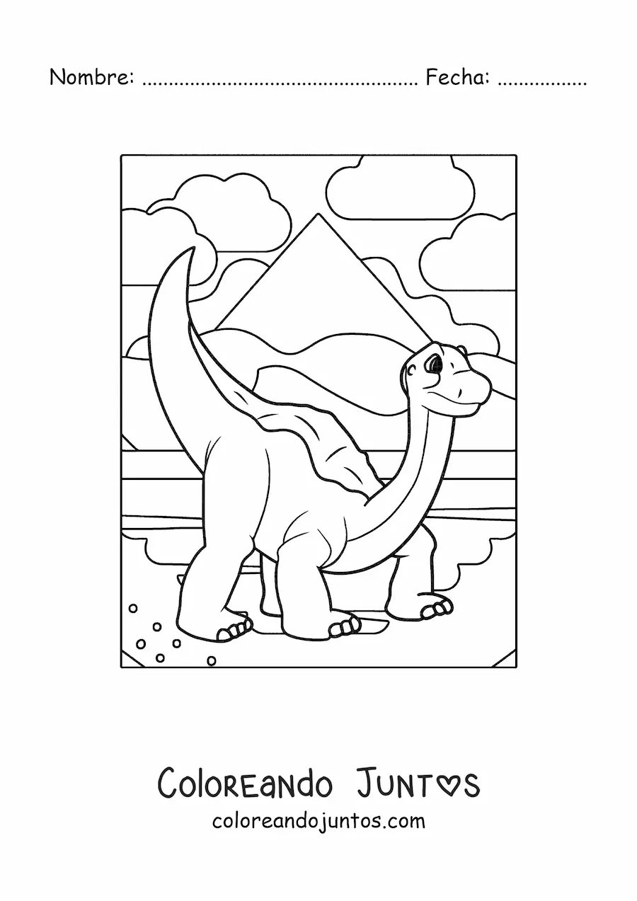 Imagen para colorear de dinosaurio de cuello largo tierno en su hábitat