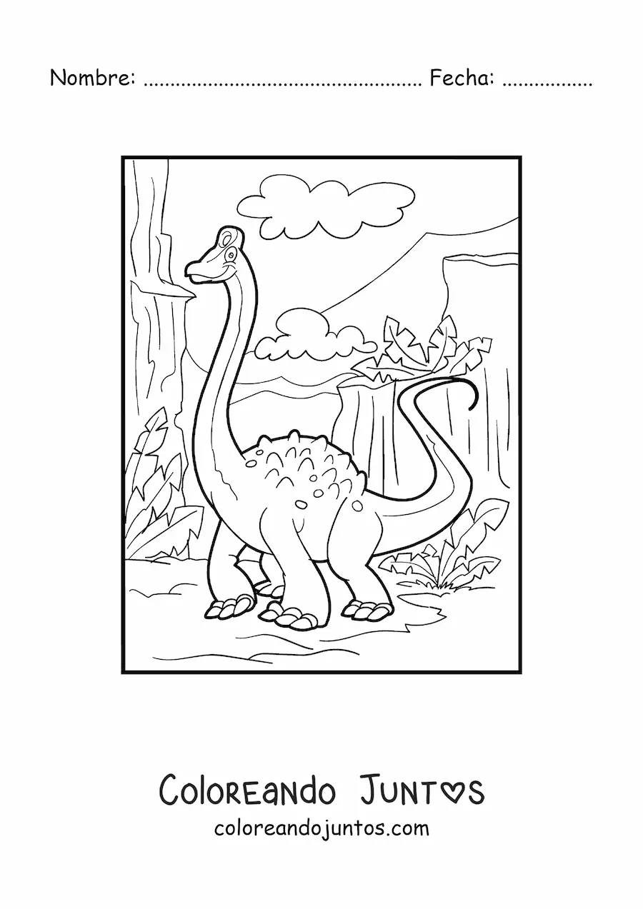 Imagen para colorear de dinosaurio de cuello largo en su hábitat