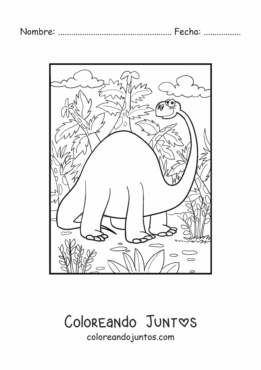 Imagen para colorear de dinosaurio de cuello largo gigante en su hábitat