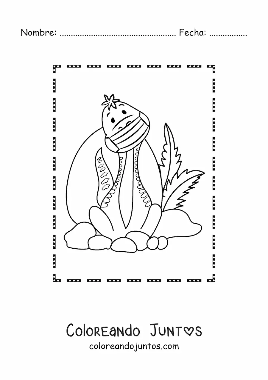Imagen para colorear de dinosaurio de cuello largo animado sentado con tapabocas