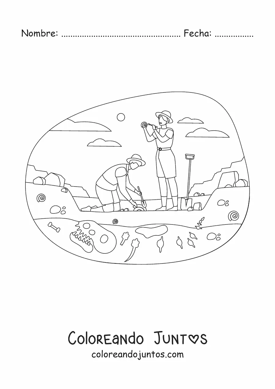 Imagen para colorear de paleontólogos excavando fósiles de dinosaurios