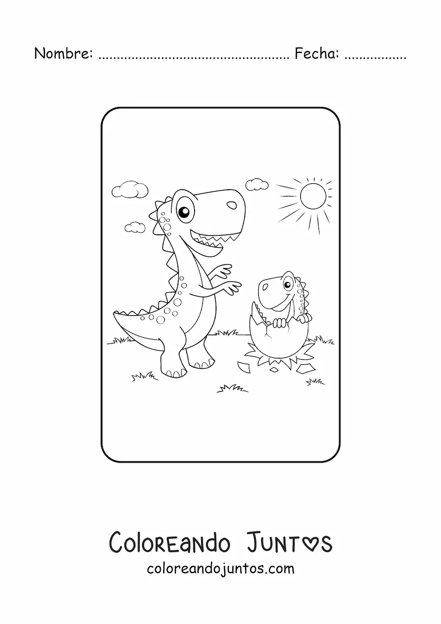 Imagen para colorear de tiranosaurio animado con su bebé saliendo del huevo