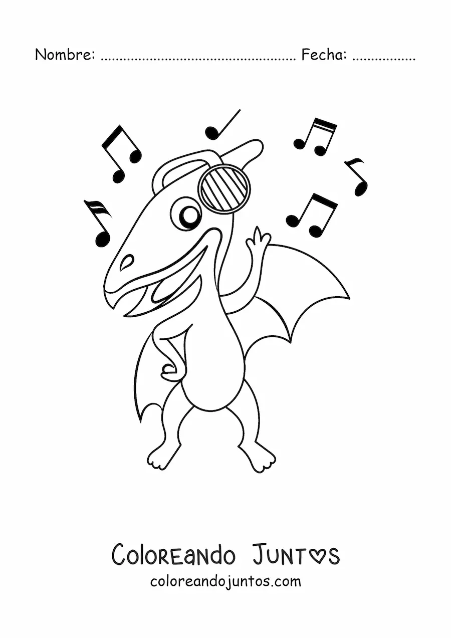 Imagen para colorear de dinosaurio volador animado bailando