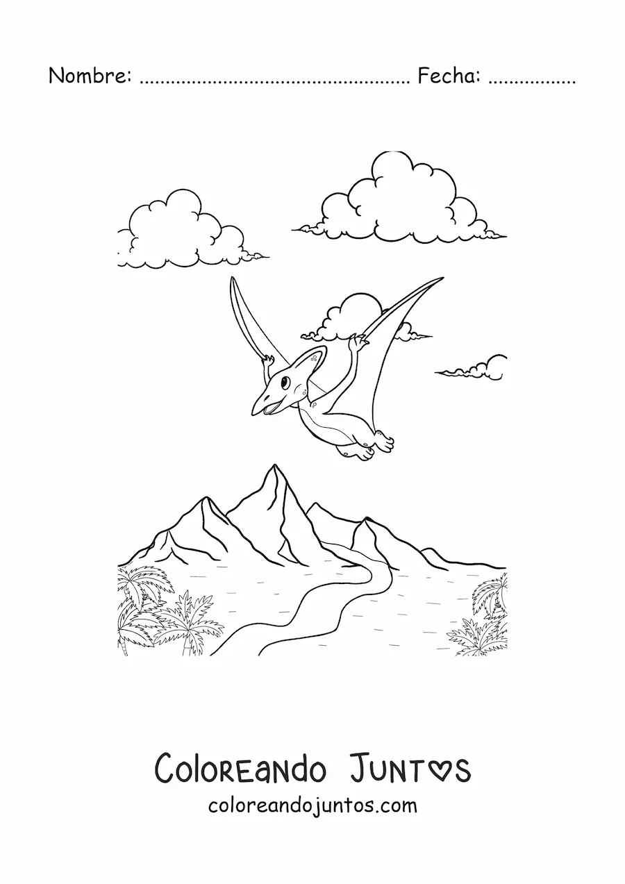 Imagen para colorear de dinosaurio volador animado volando