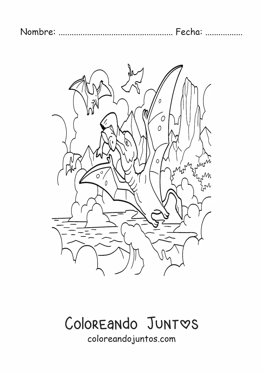 Imagen para colorear de dinosaurio volador carnívoro cazando