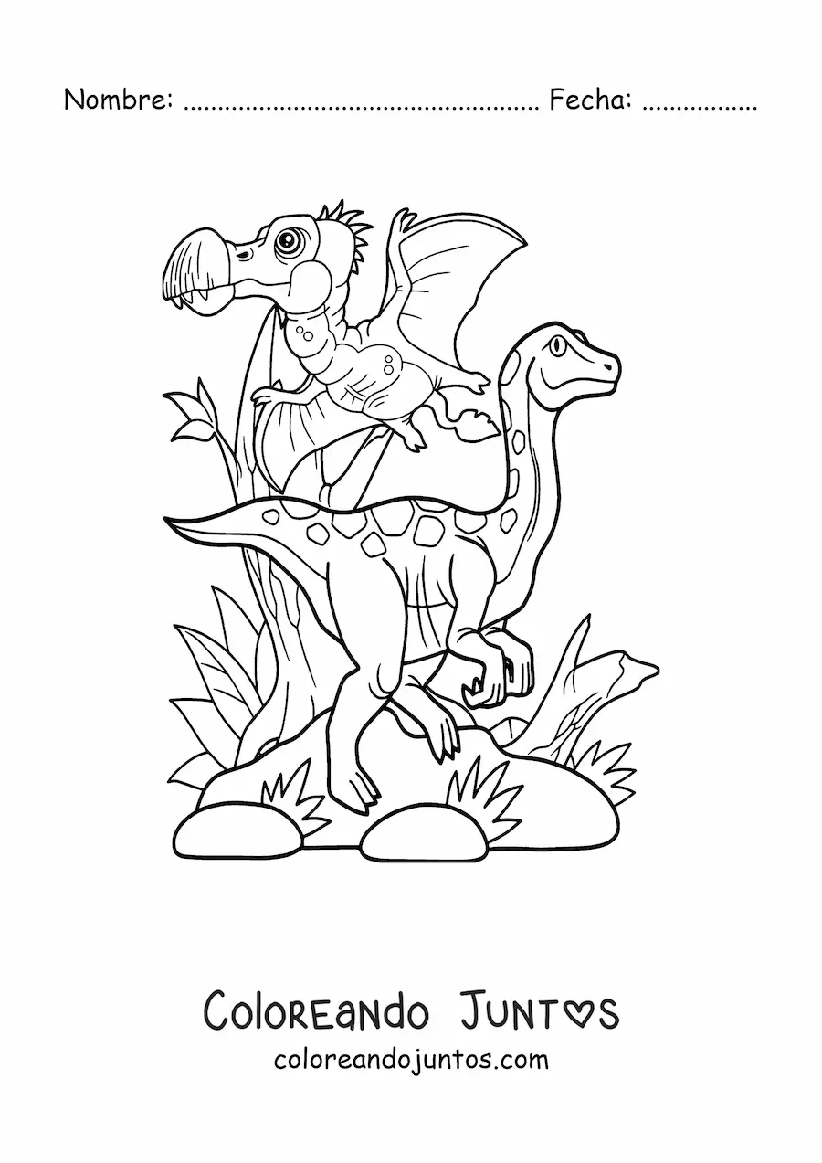 Imagen para colorear de dinosaurio volador con dinosaurio terrestre