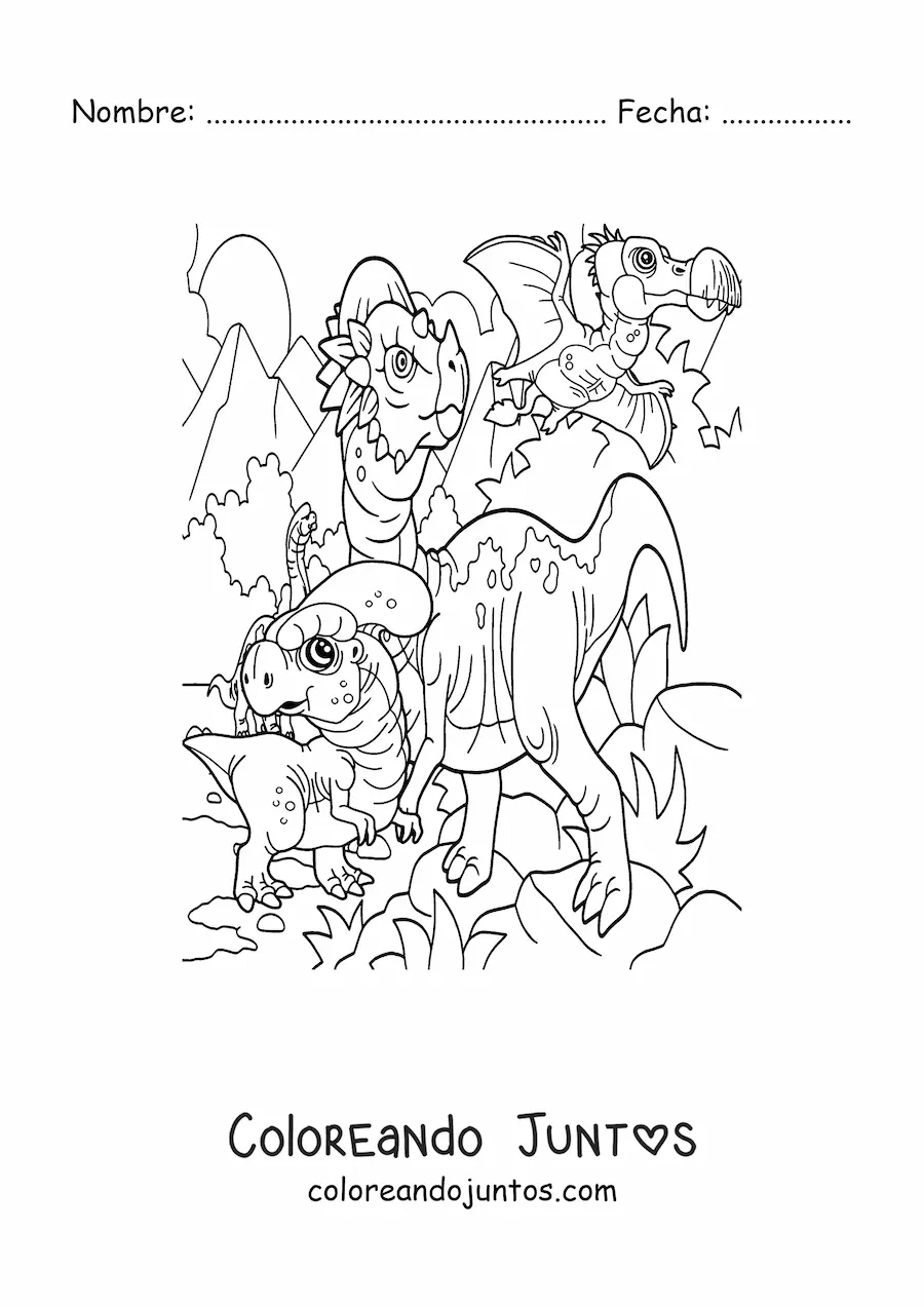 Imagen para colorear de dinosaurio volador y dinosaurios terrestres