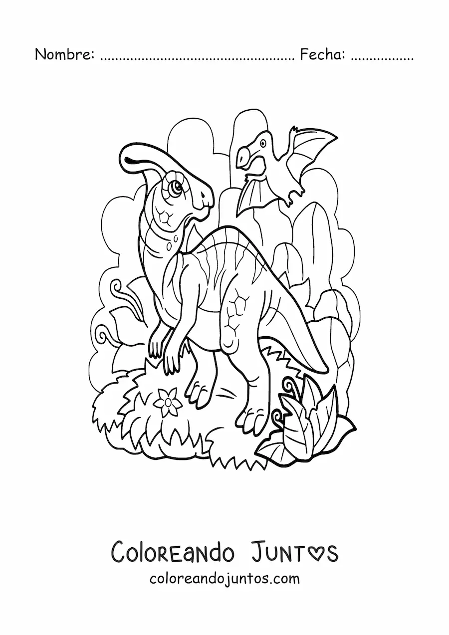 Imagen para colorear de dinosaurio volador carnívoro y dinosaurio terrestre herbívoro