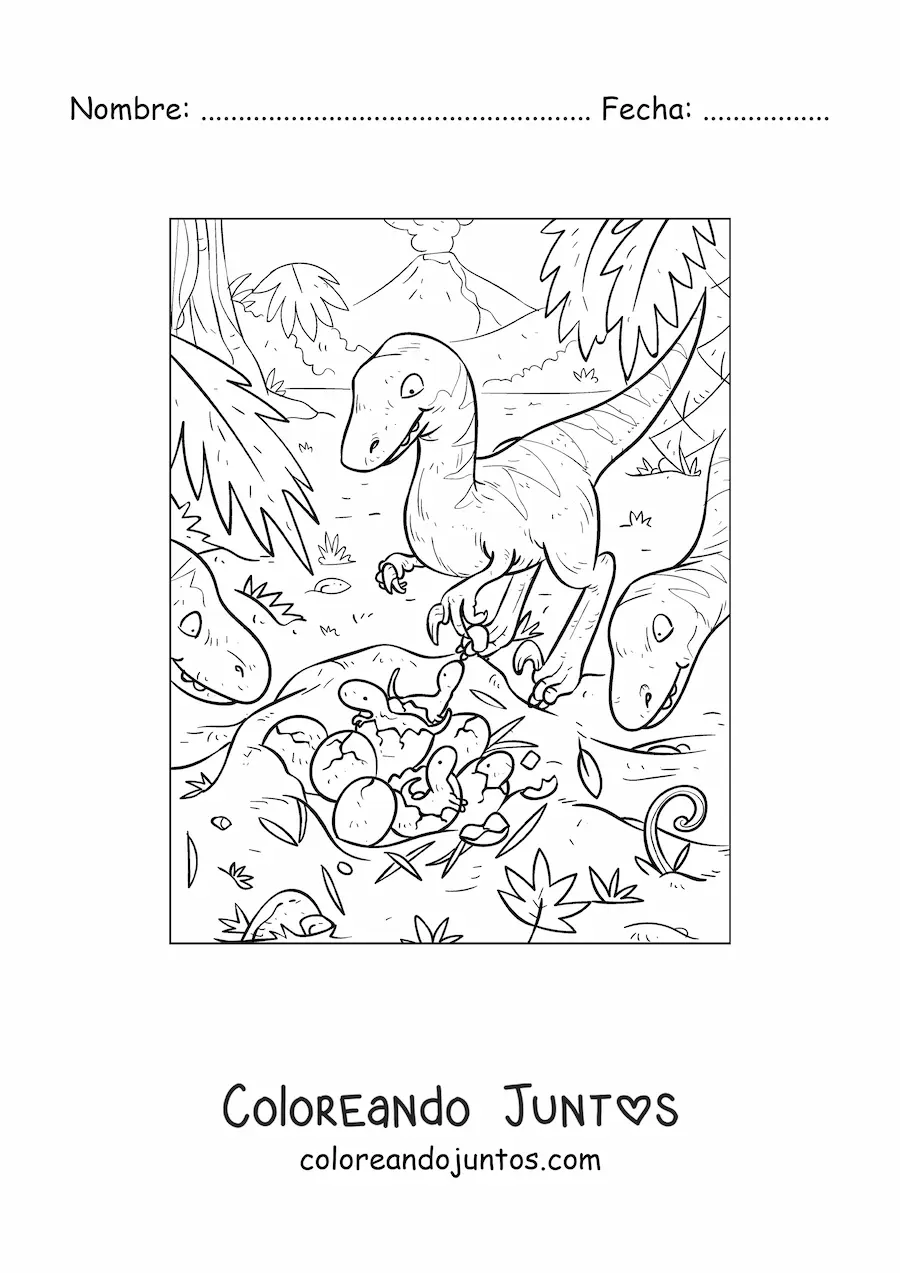 Imagen para colorear de velociraptor bebé con su mamá