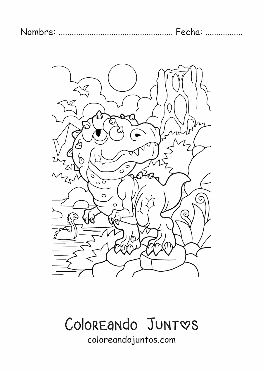 Imagen para colorear de dinosaurio carnívoro bebé en su hábitat