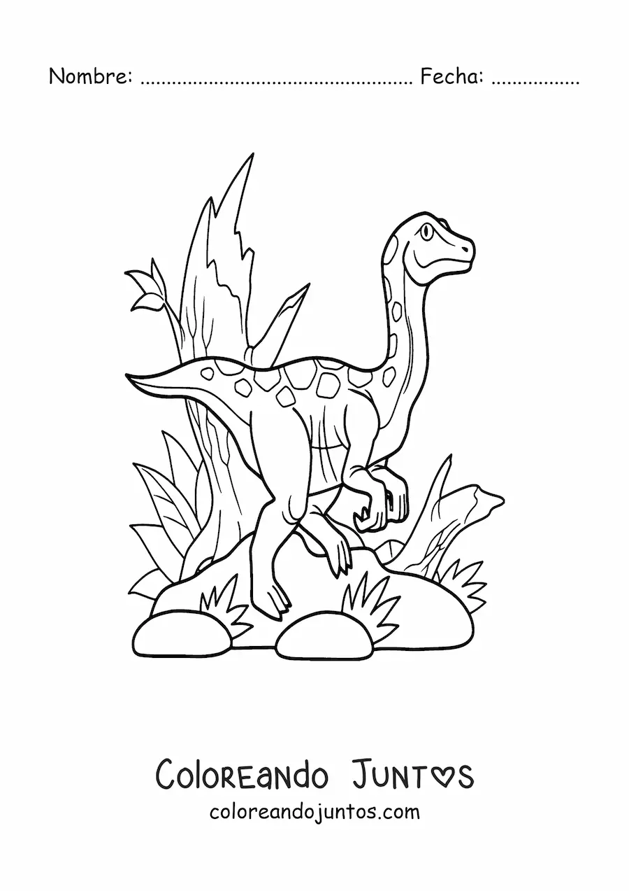 Imagen para colorear de compsognathus carnívoro en su hábitat