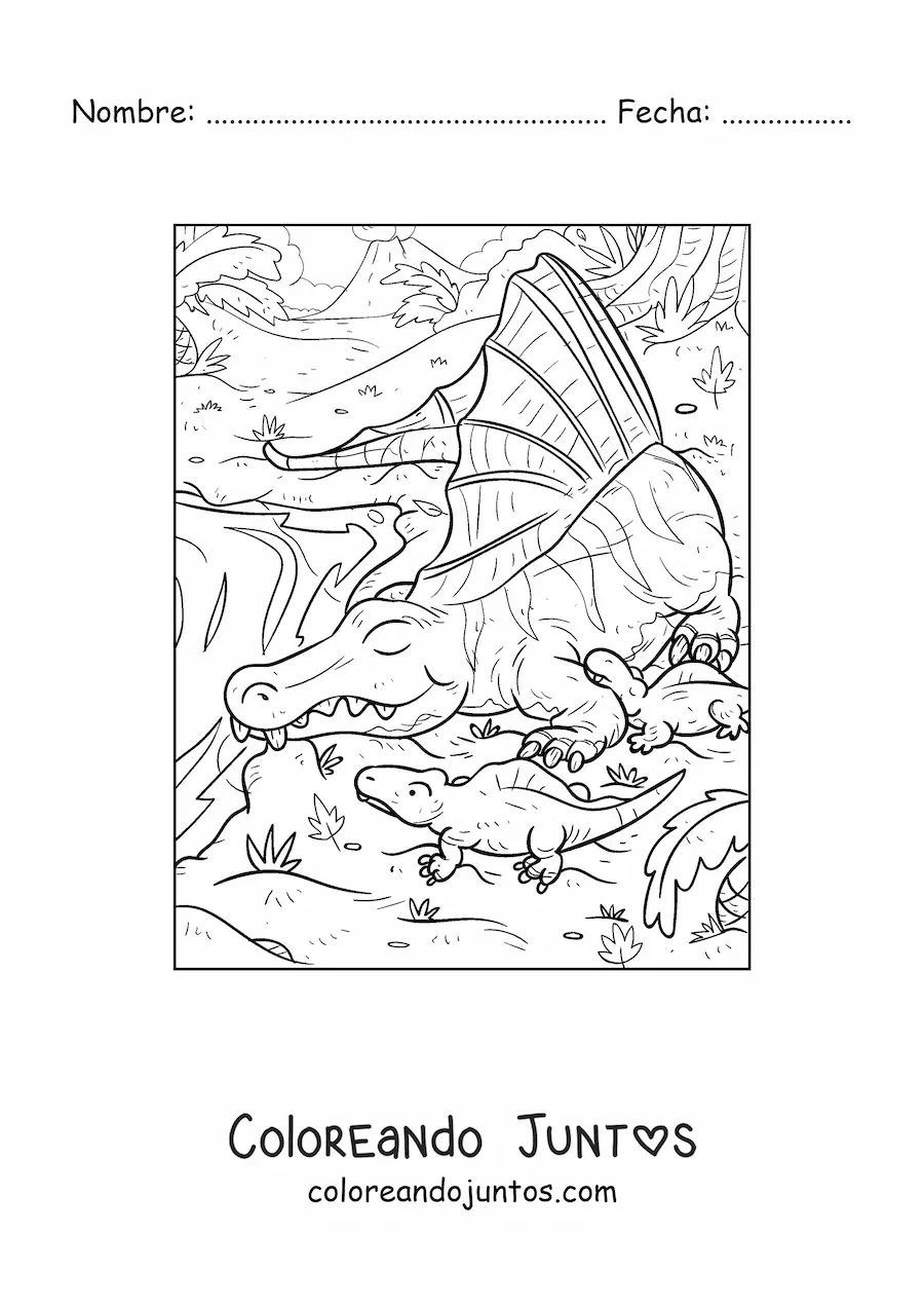 Imagen para colorear de arizonasaurus carnívoro en su hábitat con sus bebés