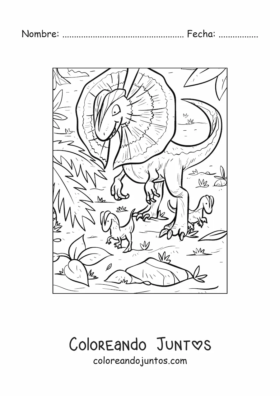Imagen para colorear de dilophosaurus carnívoro en su hábitat con sus bebés