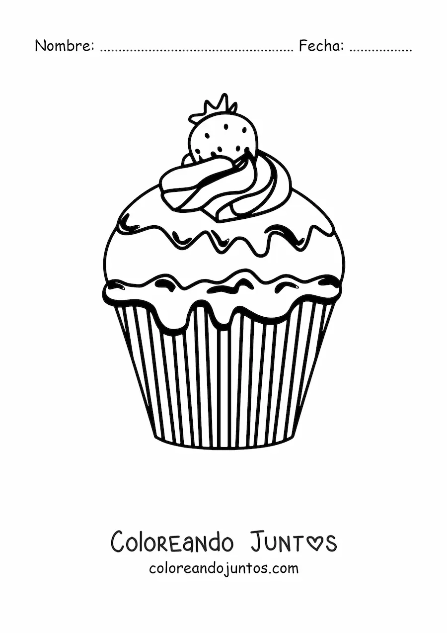 Imagen para colorear de un cupcake con glaseado y una fresa encima