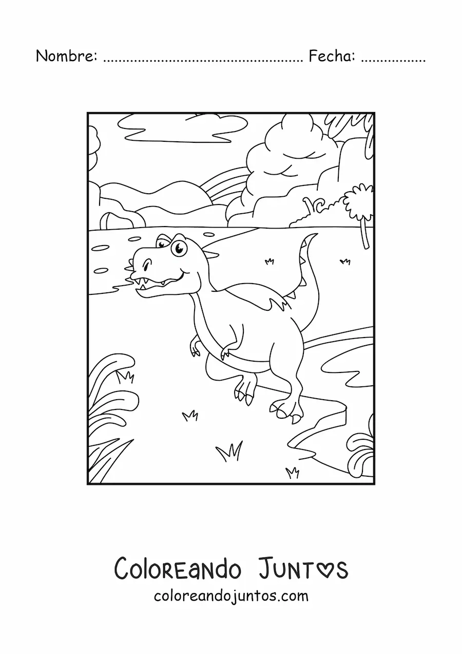 Imagen para colorear de dinosaurio carnívoro animado frente a un volcán