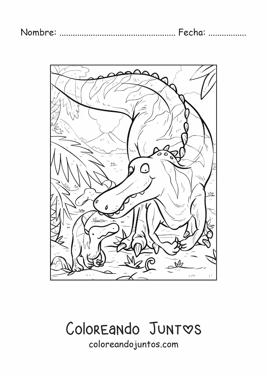 Imagen para colorear de dinosaurio carnívoro con su cría