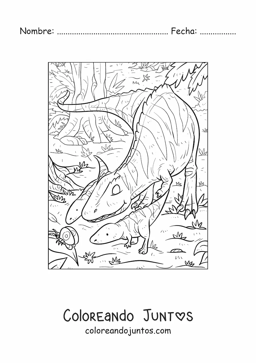 Imagen para colorear de dinosaurio carnívoro cazando con sus crías