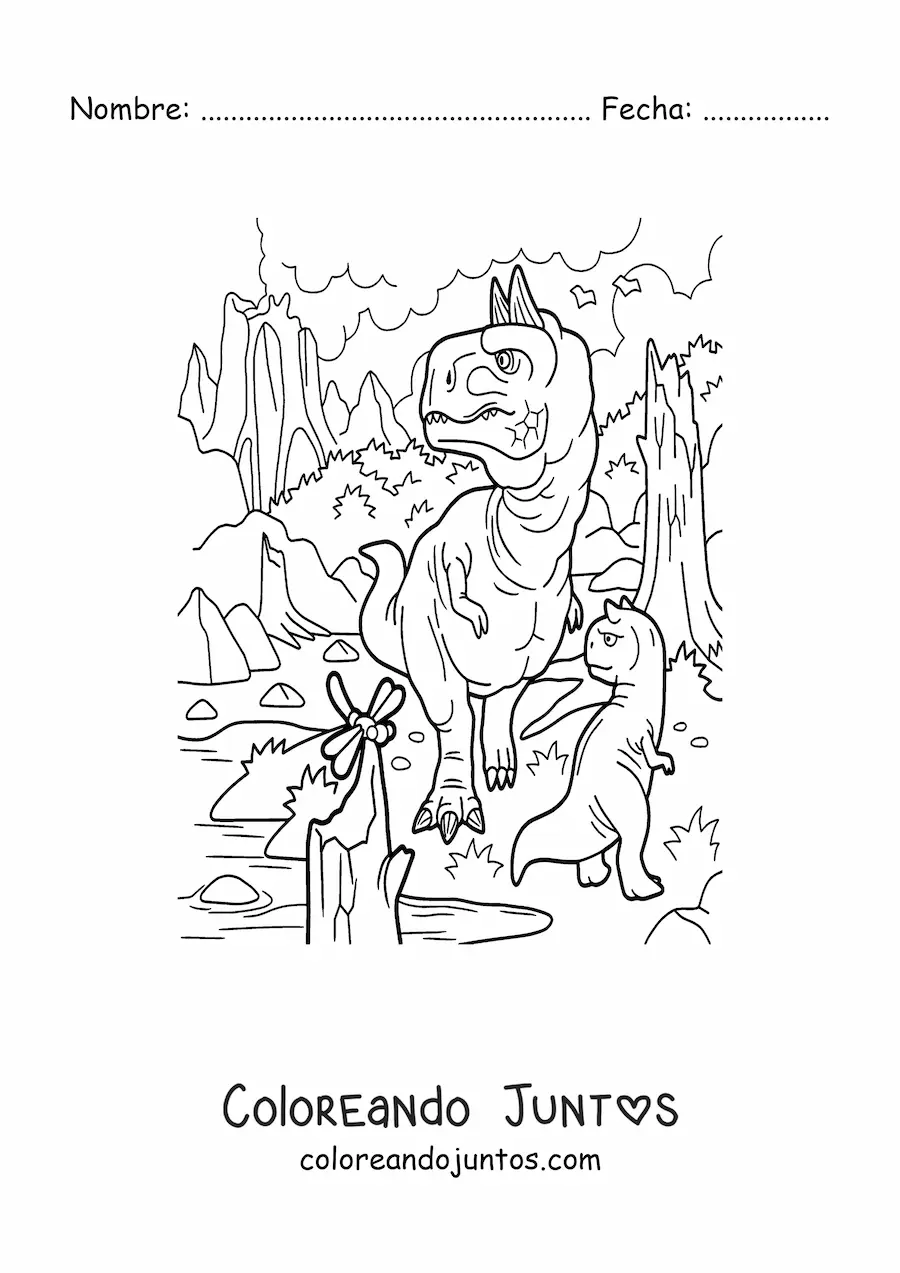 Imagen para colorear de dinosaurio carnívoro grande y peligroso cazando con su bebé