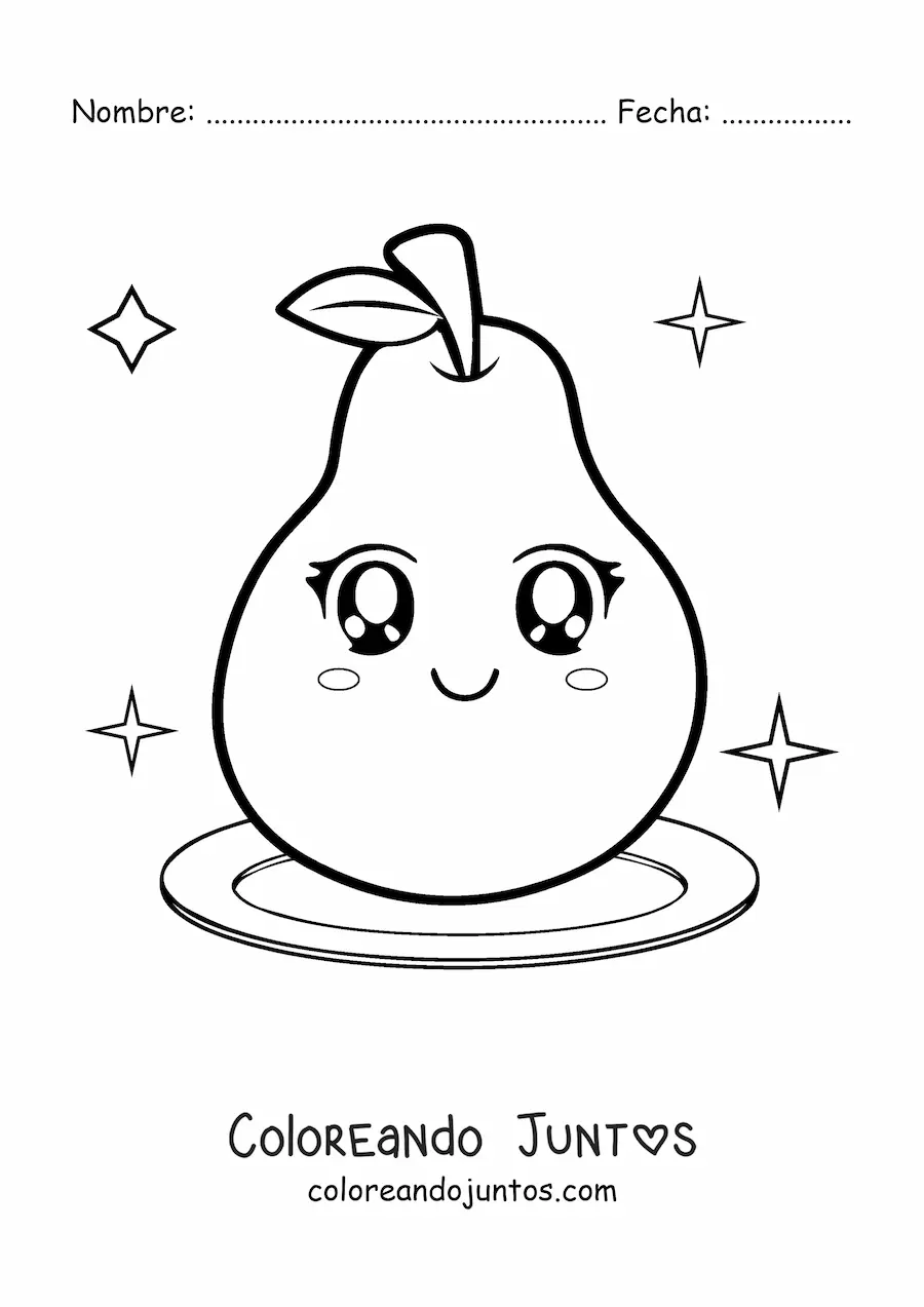 Imagen para colorear de pera kawaii grande en un plato