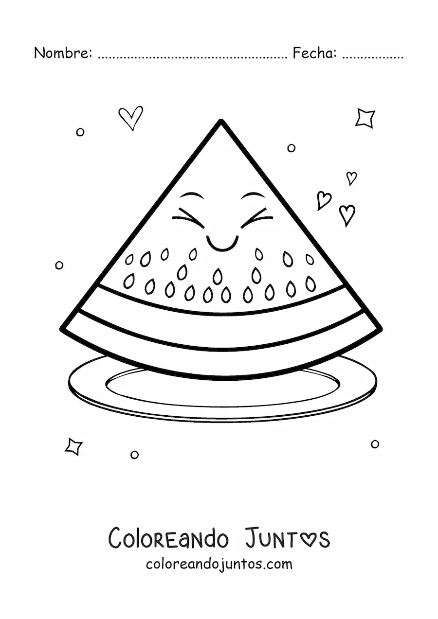 Imagen para colorear de trozo de sandía kawaii grande en un plato
