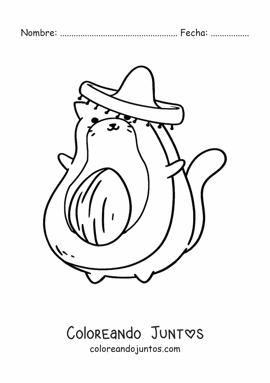 Imagen para colorear de gato aguacate animado con sombrero mexicano