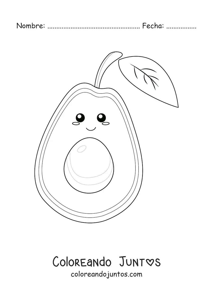 Imagen para colorear de aguacate kawaii con hoja