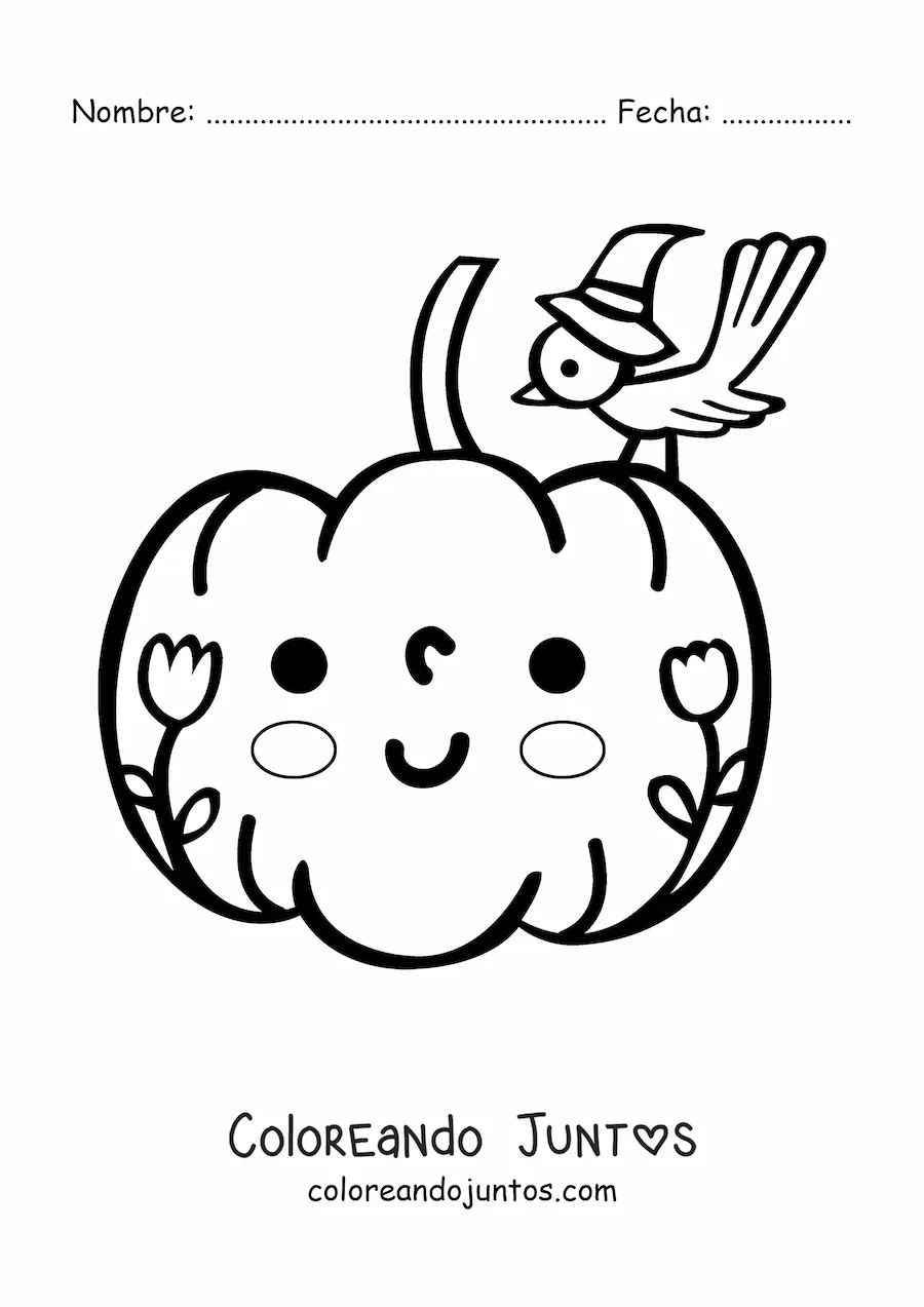 Imagen para colorear de calabaza kawaii con flores y pájaro