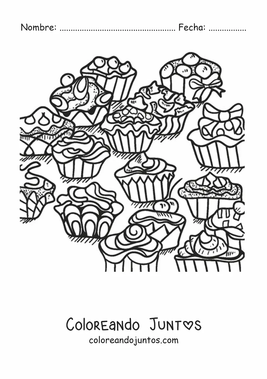 Imagen para colorear de cupcakes glaseados con lazos y figuras geométricas