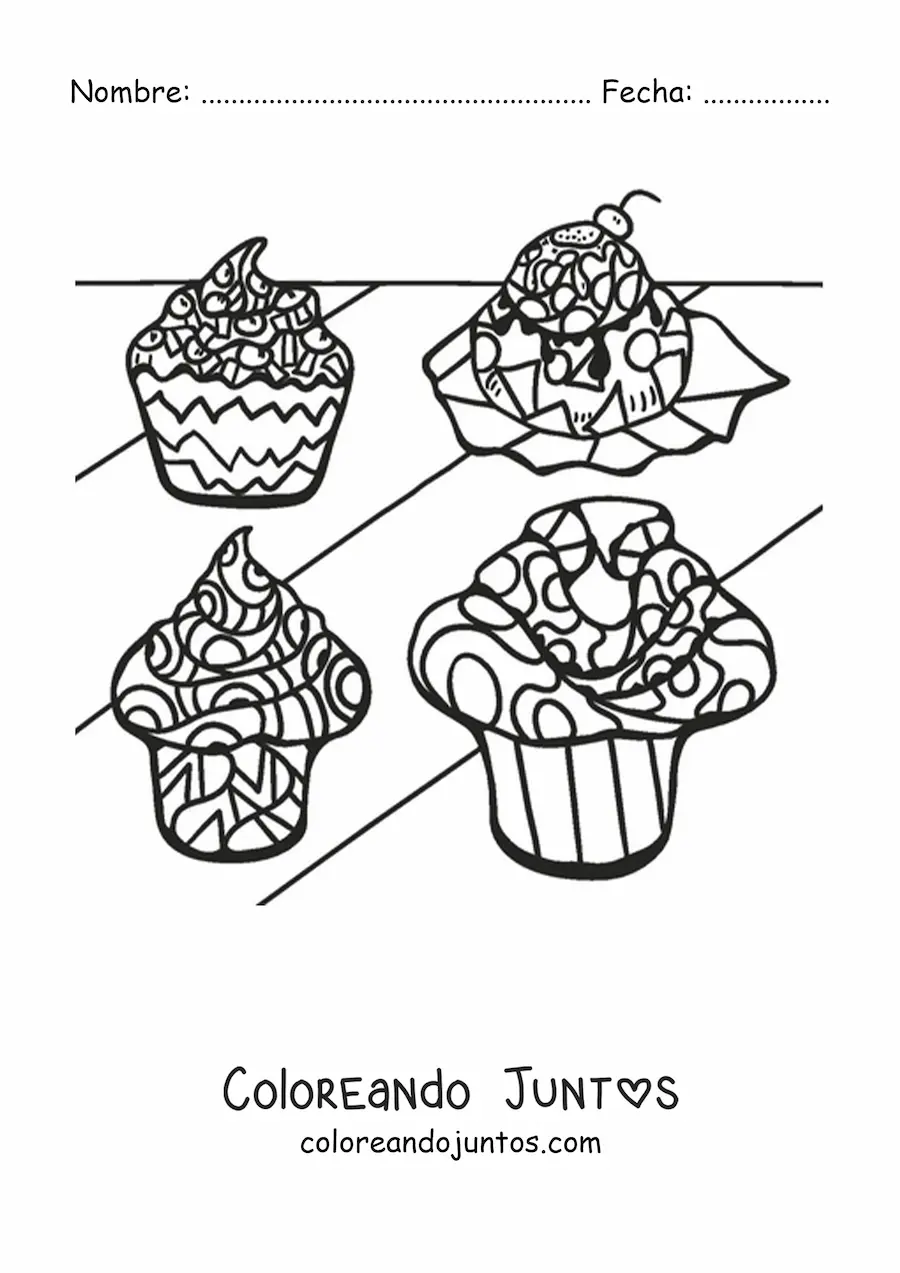 Imagen para colorear de cupcakes con figuras geométricas en el glaseado