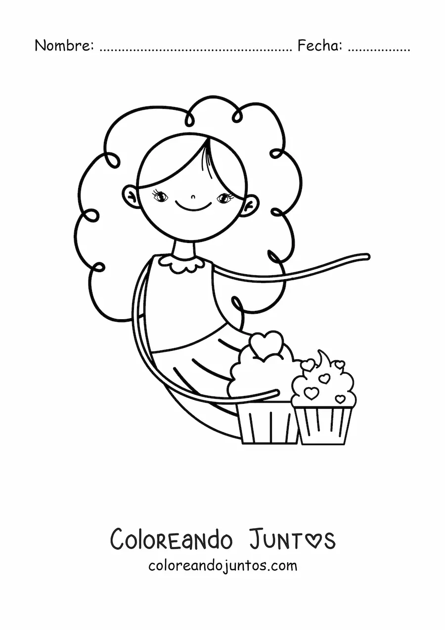 Imagen para colorear de una niña con dos cupcakes glaseados con corazones