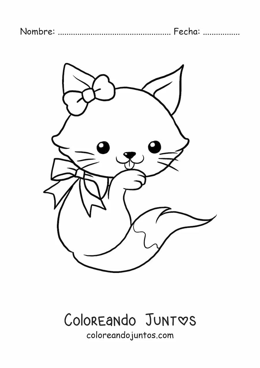 Imagen para colorear de zorro kawaii grande con lazo