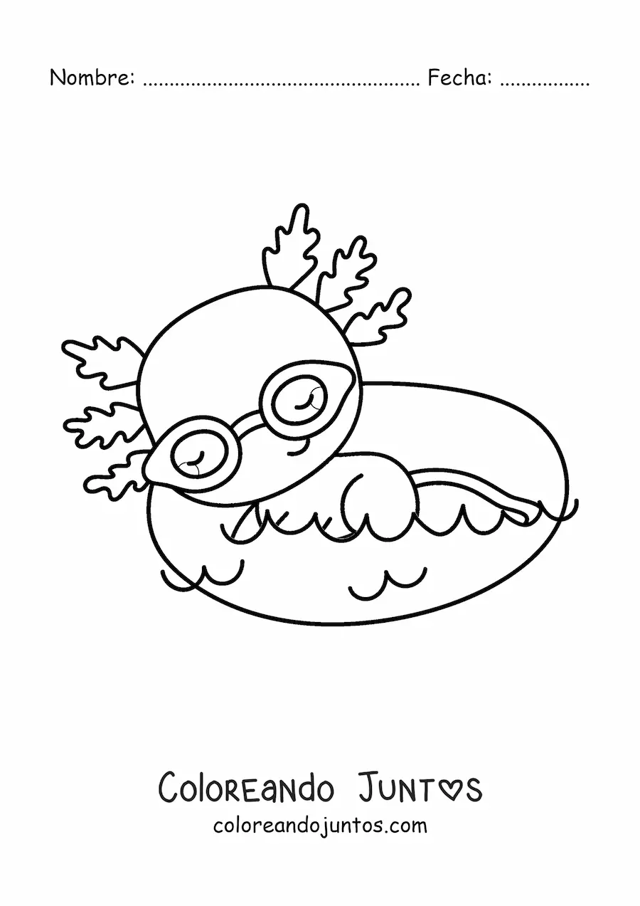 Imagen para colorear de ajolote kawaii grande haciendo natación