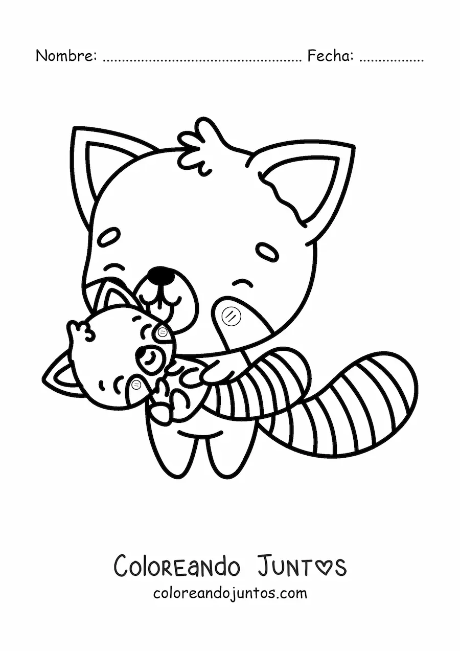 Imagen para colorear de panda rojo kawaii con su bebé