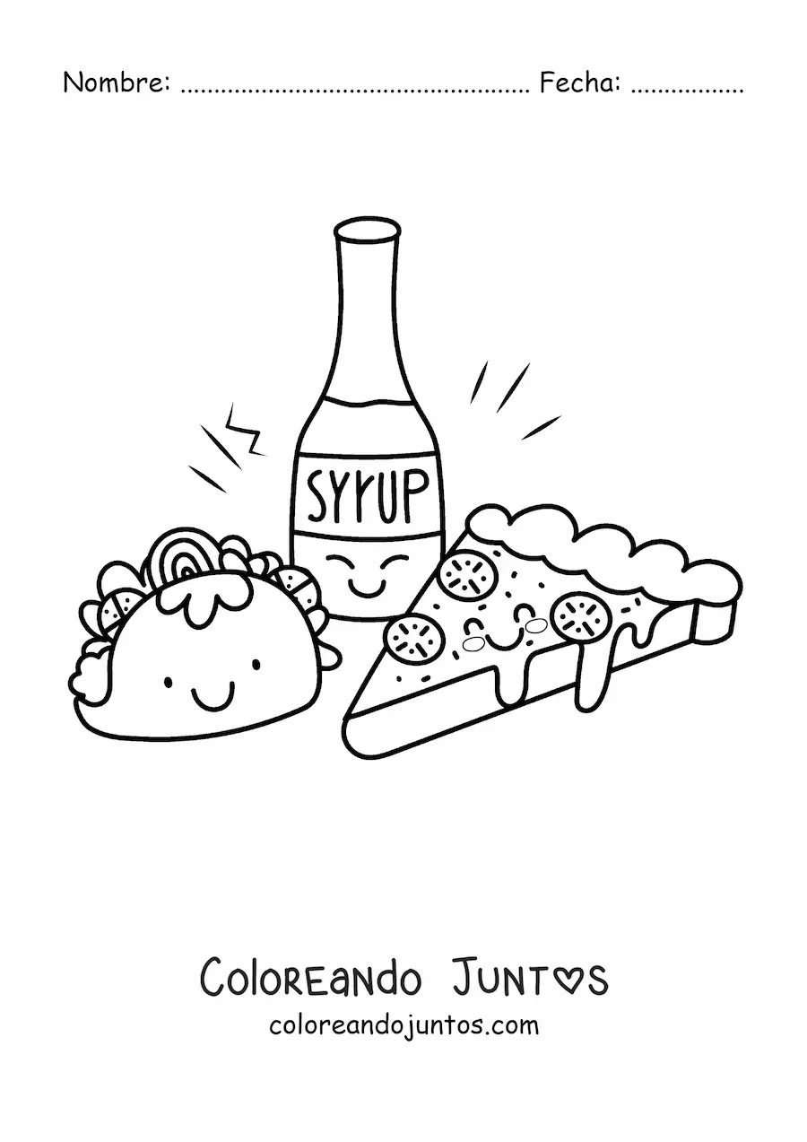Imagen para colorear de un taco kawaii con una botella y un trozo de pizza