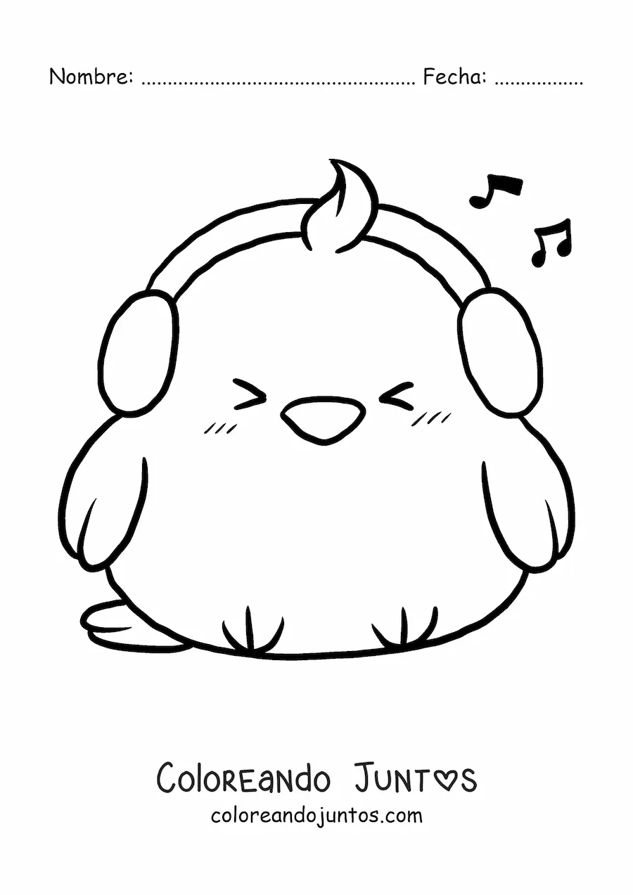 Imagen para colorear de polluelo kawaii con audífonos