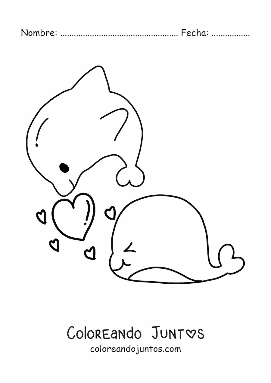 Imagen para colorear de delfines kawaii enamorados con corazones
