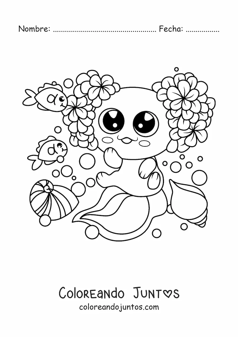 Imagen para colorear de ajolote kawaii grande con flores