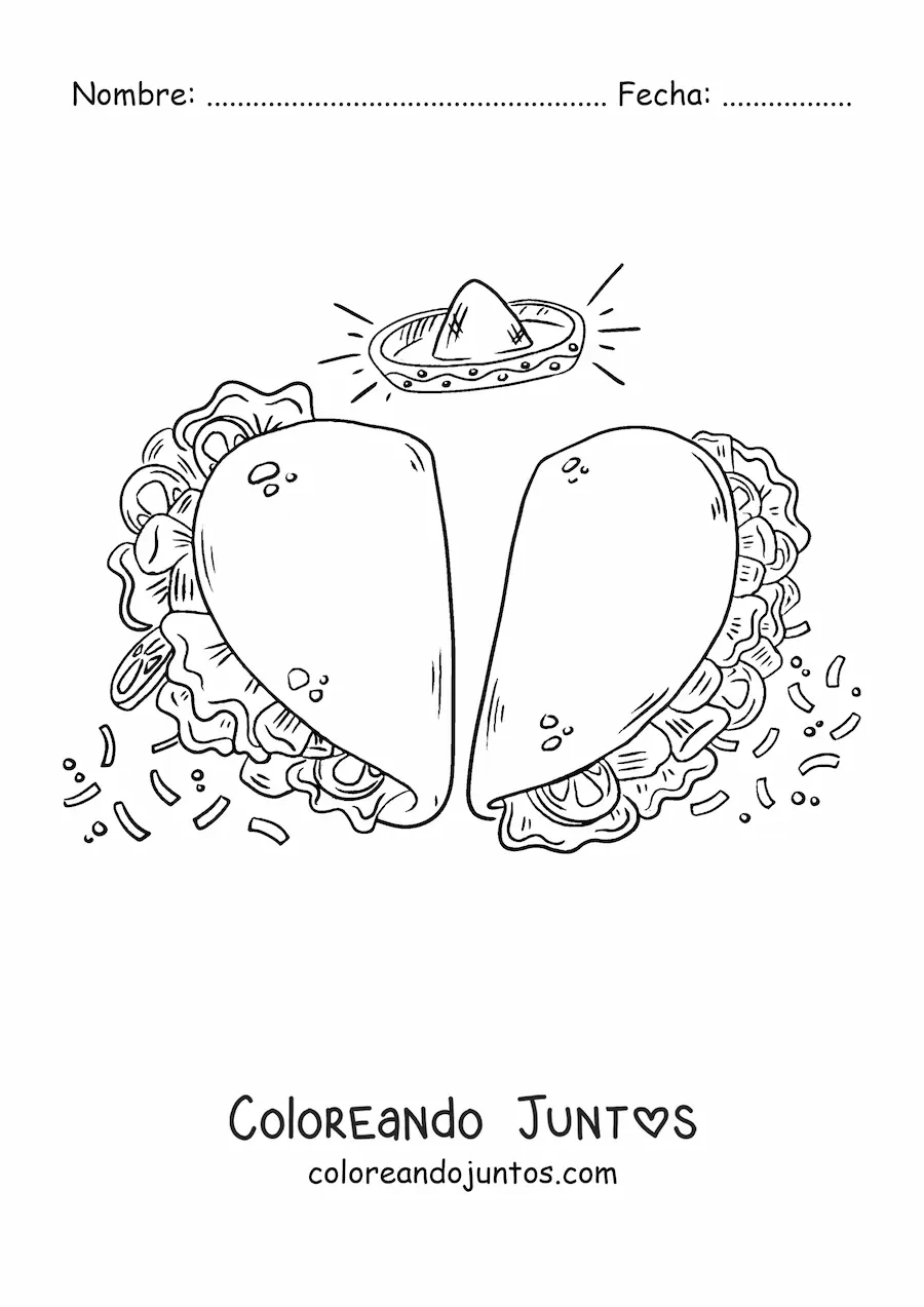 Imagen para colorear de dos tacos con forma de corazón y un sombrero mexicano